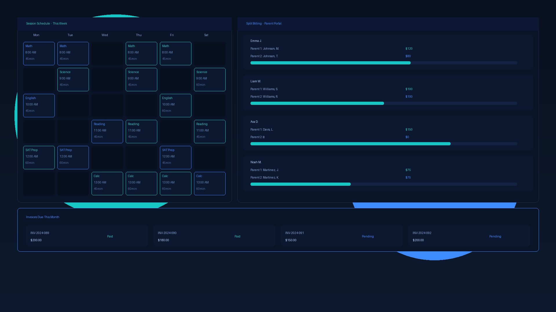 TUTORsimple tutoring management software showing session scheduling and split billing